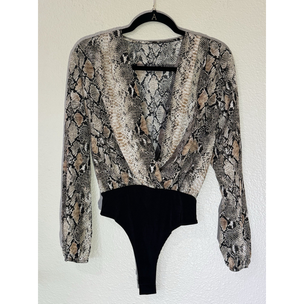 Snakeskin Print Bodysuit Deep V Neck Long Sleeve Chico Night Out Essential Small